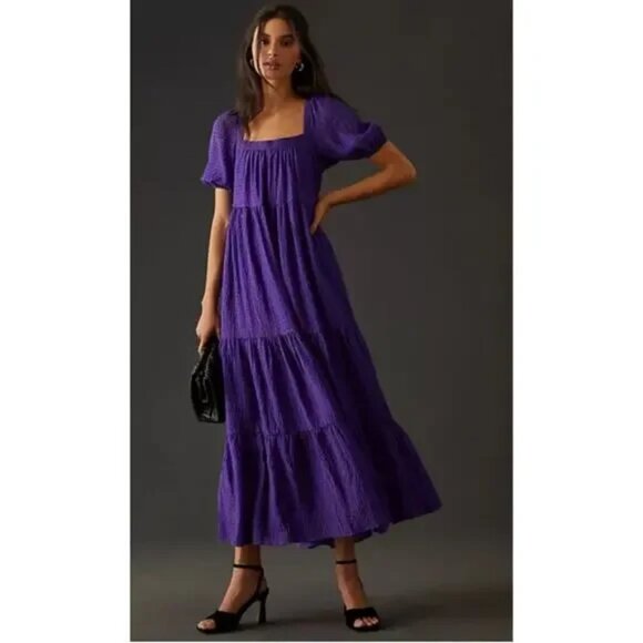 Anthropologie Dresses & Skirts - Anthropologie womens Purple square neck Tiered Puff-Sleeve Maxi Dress size XS